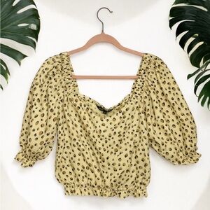Kivari Linen Crop Top Yellow Animal Print Puff Sleeve Peasant Blouse Medium